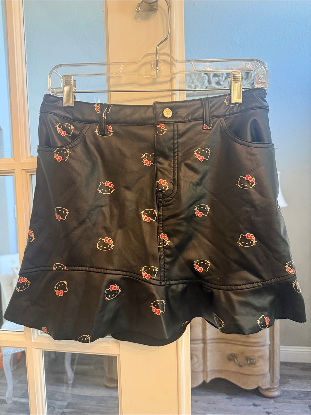 Hello Kitty Adjustable Waist Black Faux Leather Ruffle Hem Skirt with Red Accent